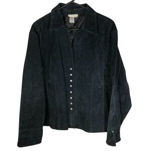 Coldwater Creek Womens Faux Suede Jacket 2X Snap-Front Collared Long Sleeve Blac